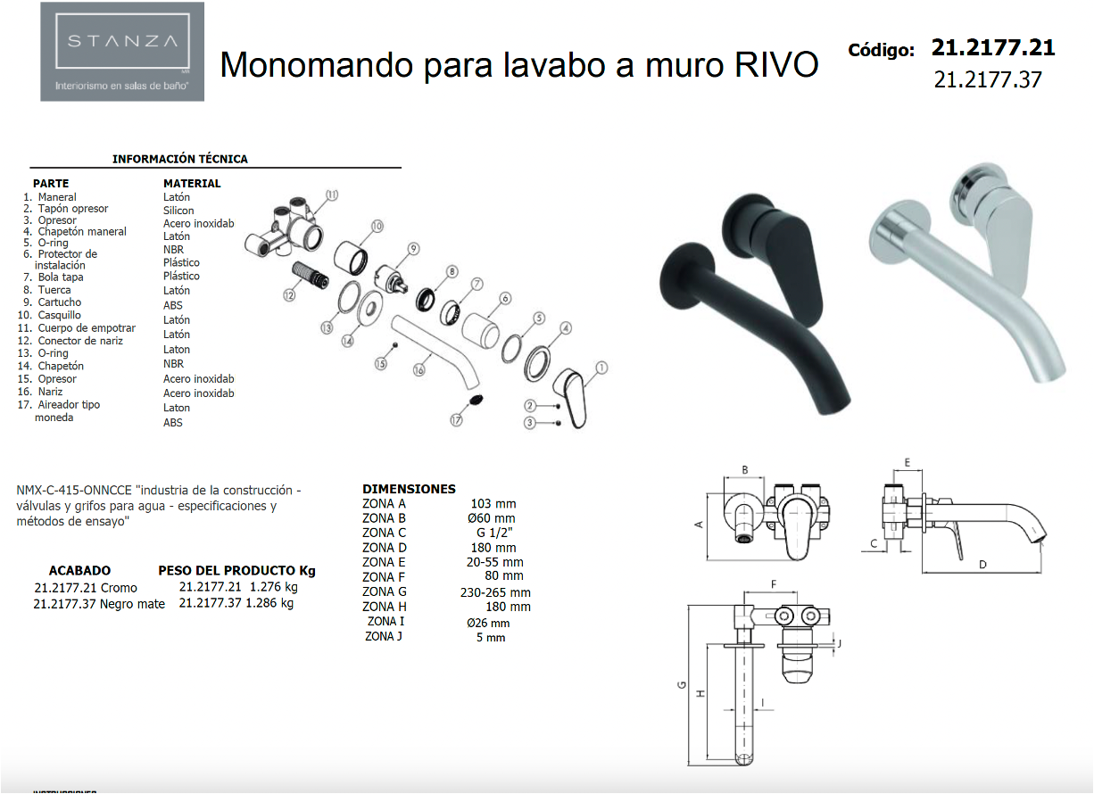 Monomando a Muro para Lavabo Cromo RIVO® STANZA 21.2177.21