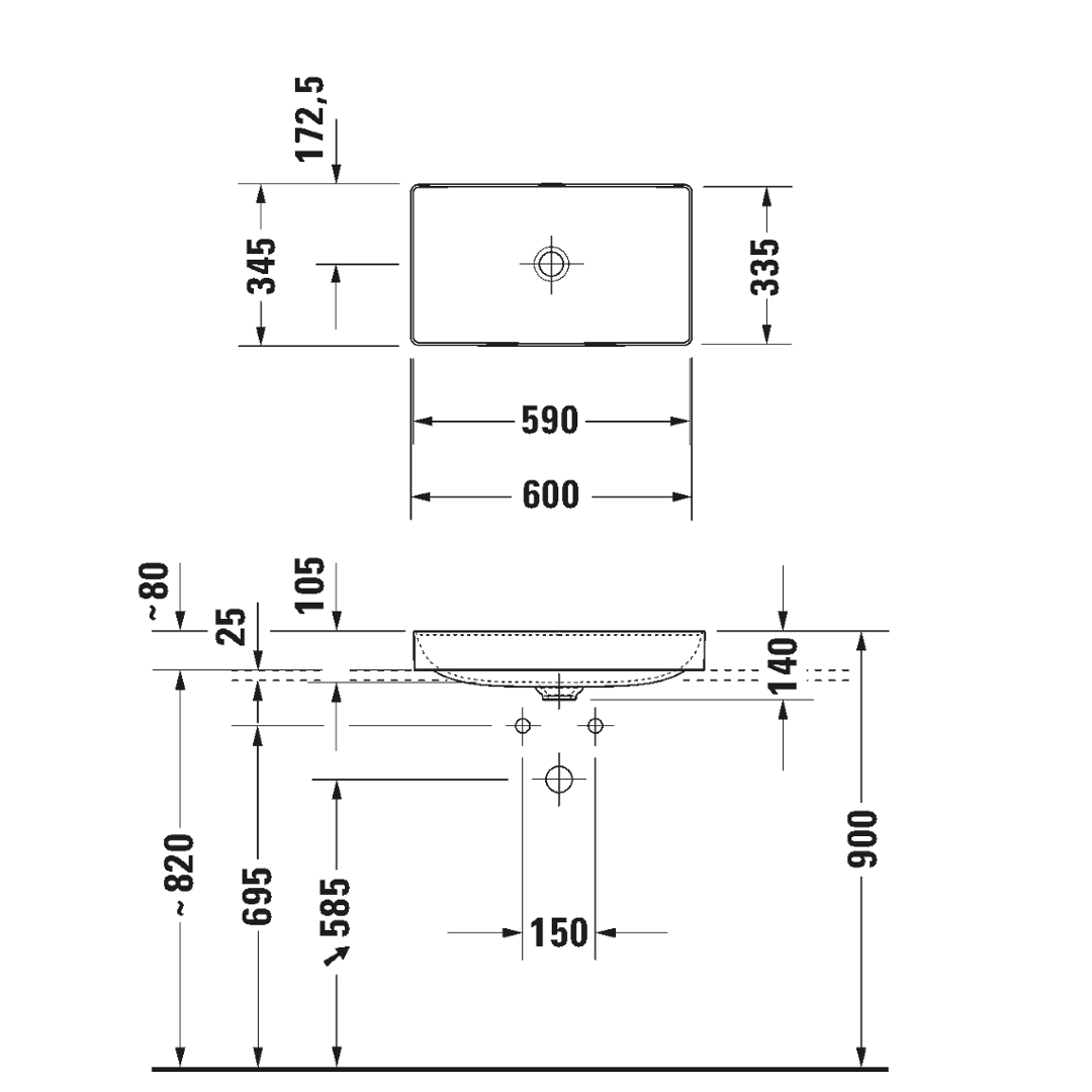 Lavabo DuraSquare Sobre Cubierta sin Rebosadero 60x34.5x14.5 cm Duravit 2355600000