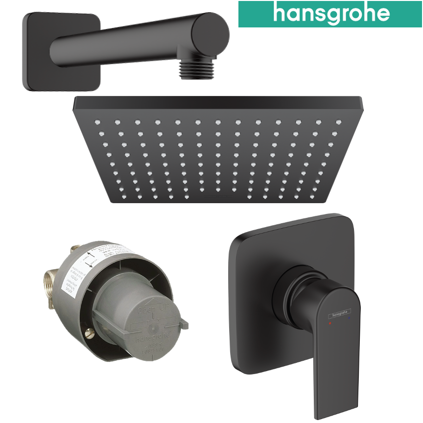 Kit de Ducha Vernis Shape Negro. Ducha 1jet 23x17 cm + Brazo 24 cm + Monomando + Empotre Hansgrohe 27979670