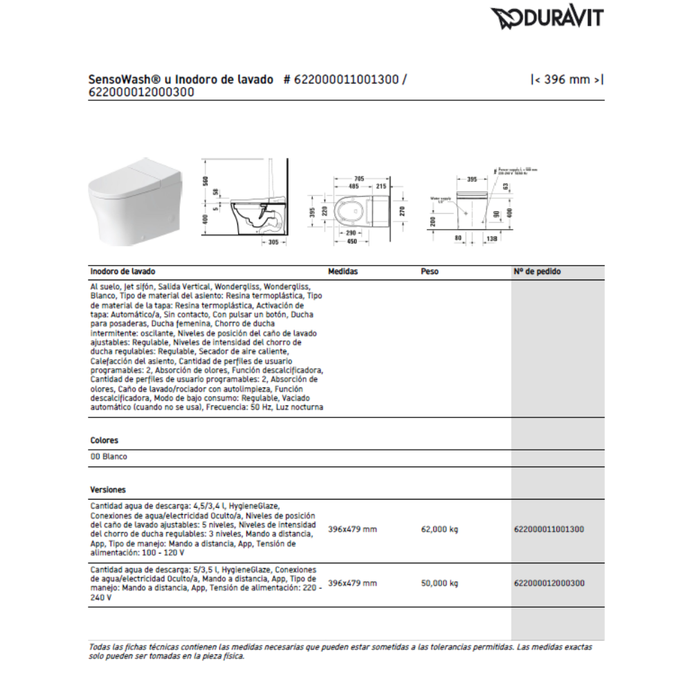 WC SensoWash® u Inodoro Inteligente a Piso. Asiento, Lavado y Secado Regulable, Mando a Distancia Duravit 622000011001300