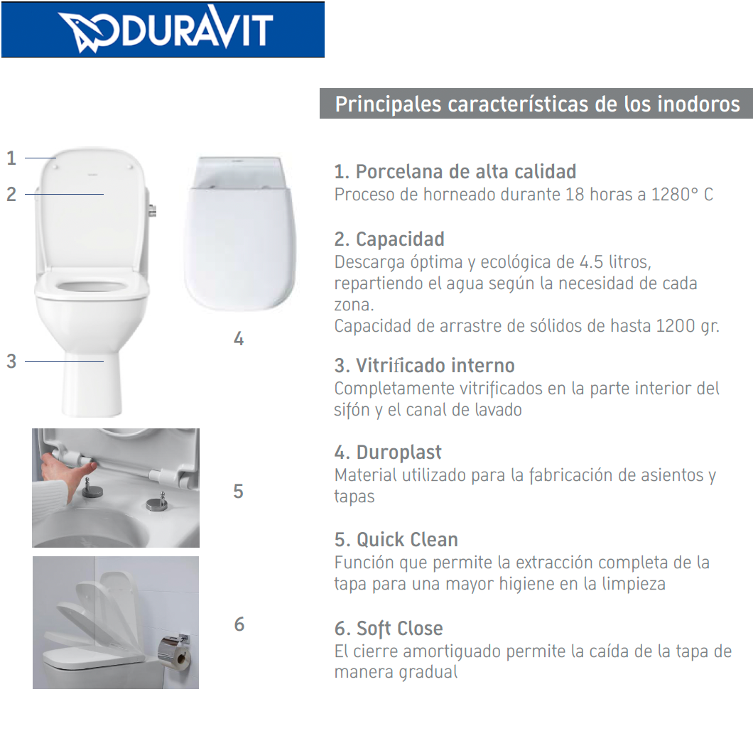 WC One Piece D-Code fabricado en Porcelana Single Flush Asiento Soft Close y Sifón Completamente Vitrificado Duravit DC0113011014