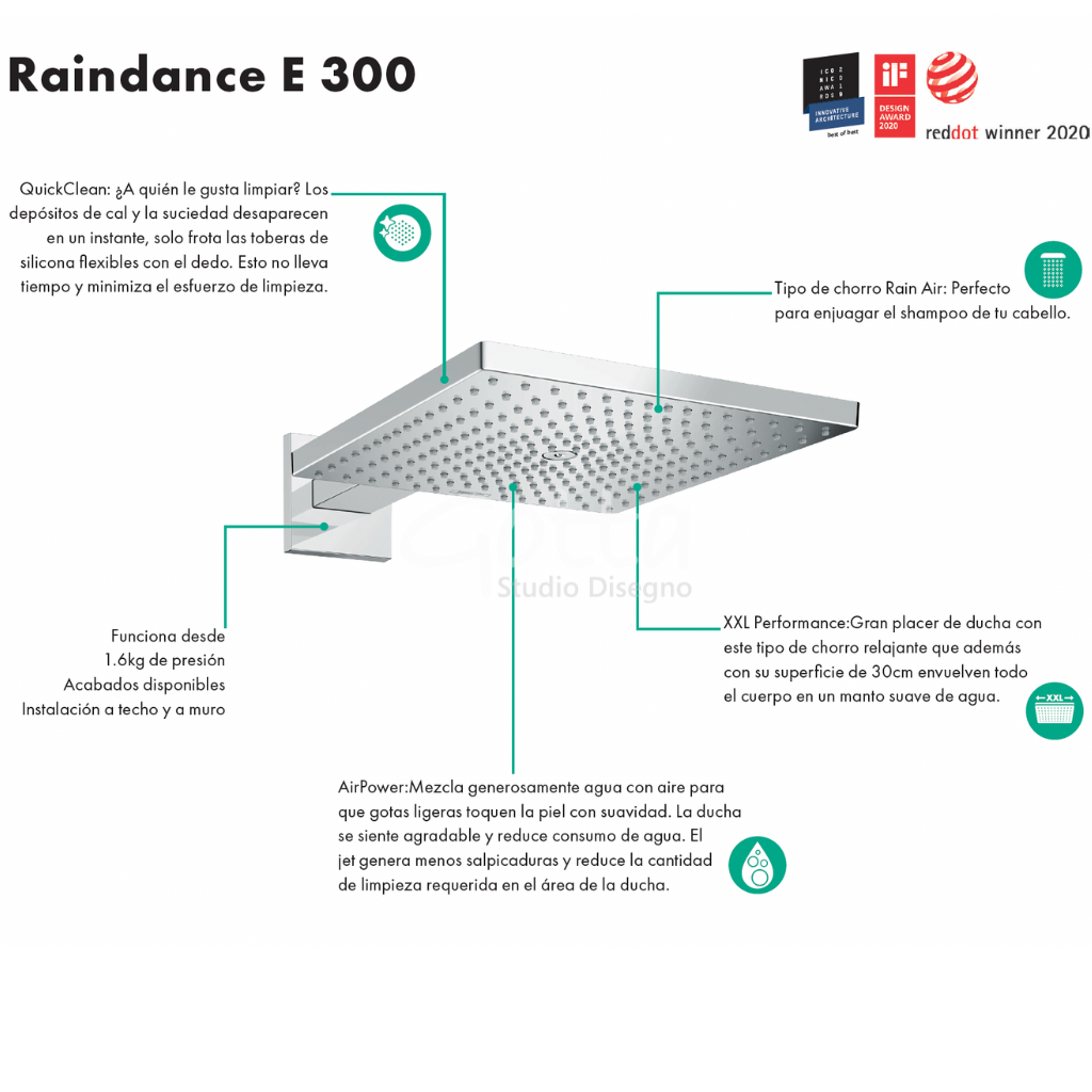Raindance E Ducha Fija 300 1jet con Brazo 30x30 cm Cromo Hansgrohe 26238000 Essentials