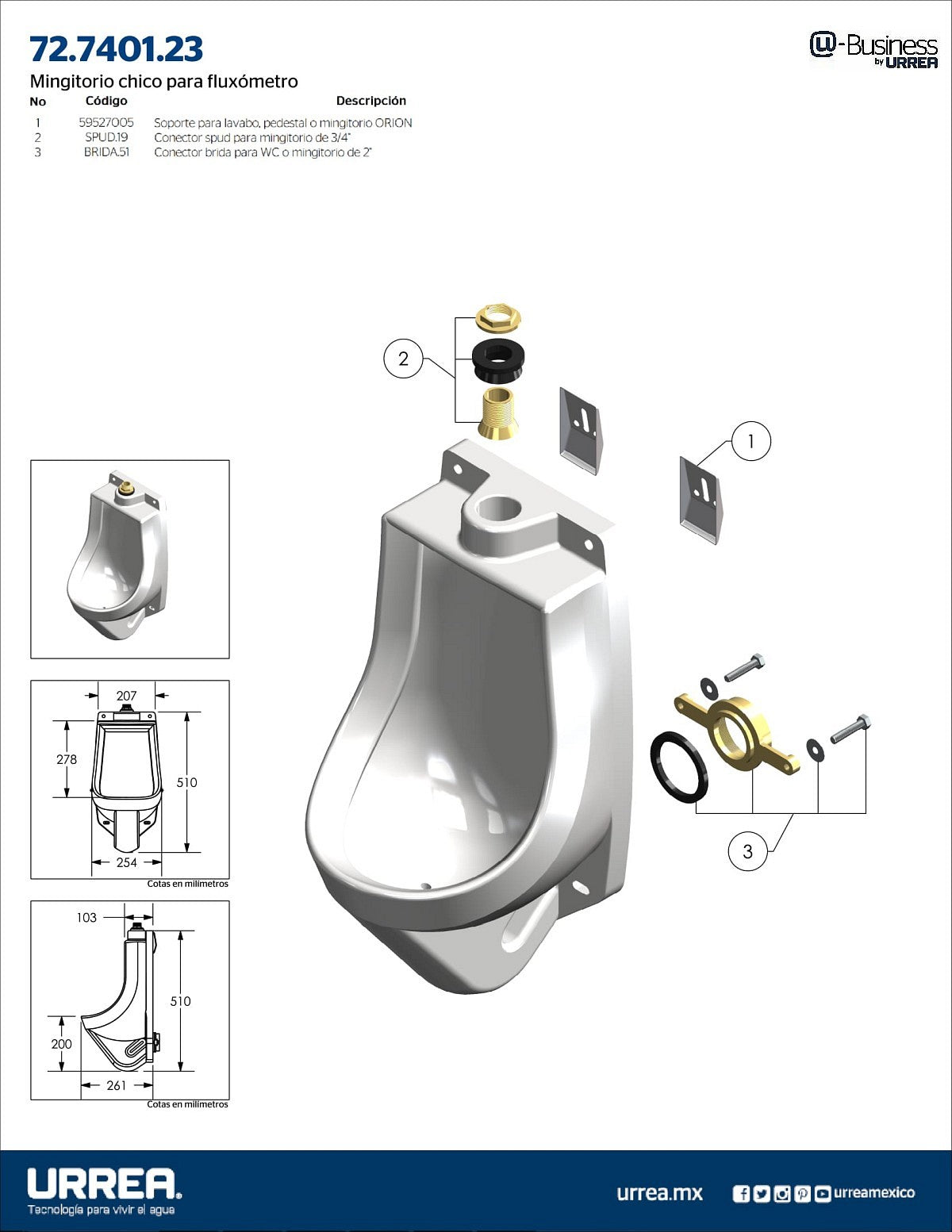Mingitorio chico para fluxómetro Urrea 72.7401.23