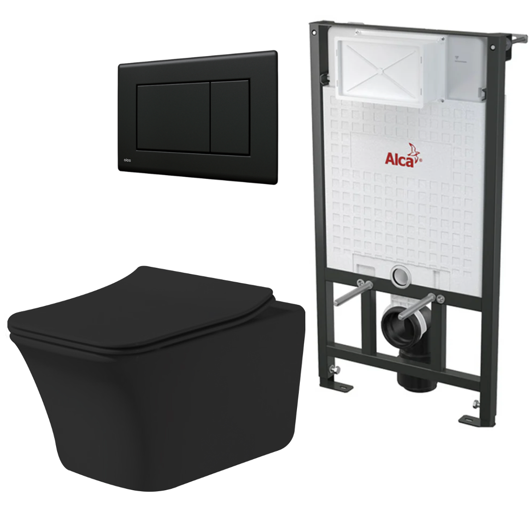 Paquete WC Suspendido Negro Mate Amsterdam con Tanque para Muro Sólido o Falso y Pulsador WC012N A101 M278