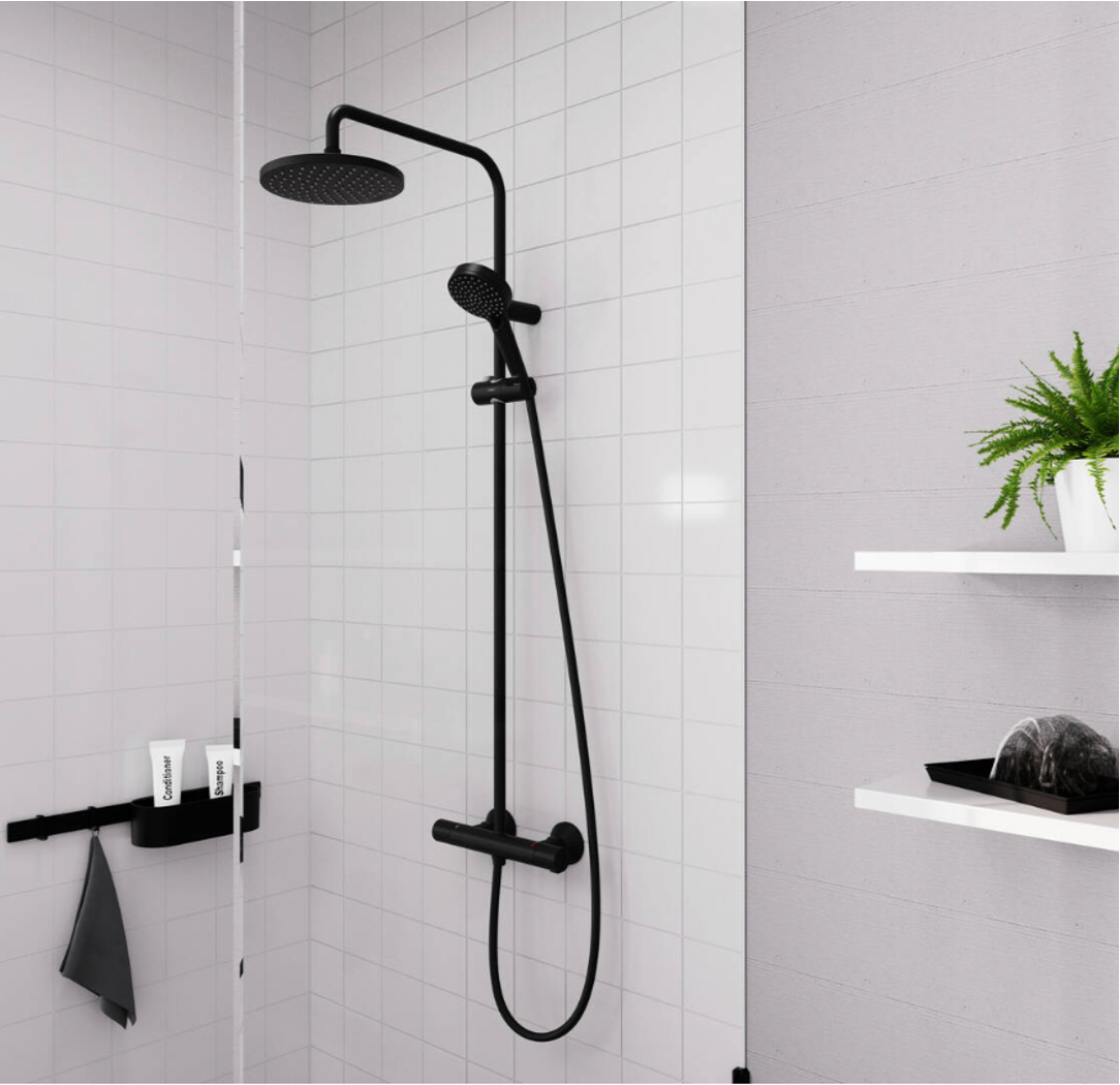 Vernis Blend Showerpipe 200 1jet EcoSmart con termostato Negro Mate Hansgrohe 26089670 Essentials