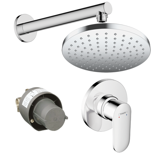 Kit de Ducha Vernis. Ducha 1jet 20 cm + Brazo 24 cm + Monomando + Empotre Hansgrohe 27963000