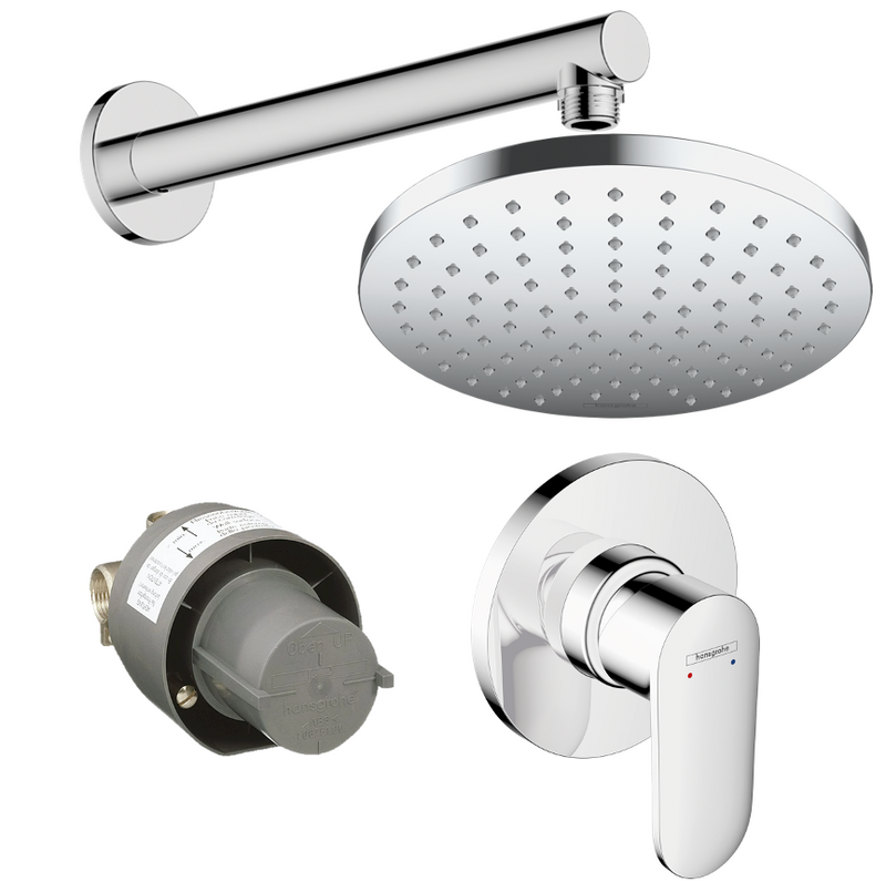 Kit de Ducha Vernis. Ducha 1jet 20 cm + Brazo 24 cm + Monomando + Empotre Hansgrohe 27963000