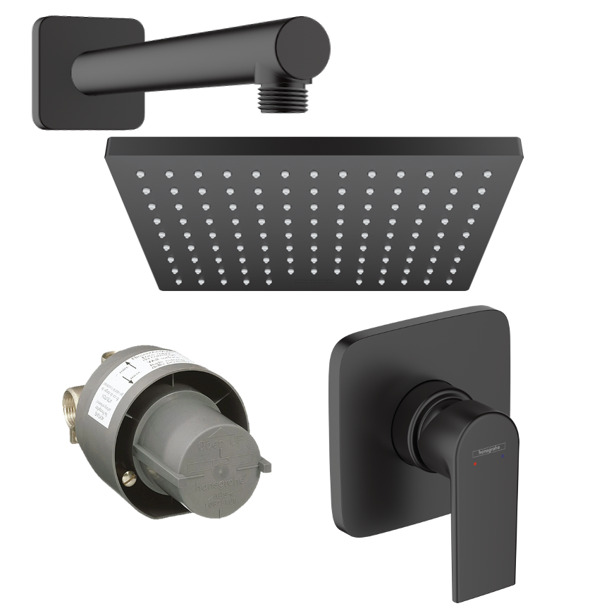 Kit de Ducha Vernis Shape Negro. Ducha 1jet 23x17 cm + Brazo 24 cm + Monomando + Empotre Hansgrohe 27979670