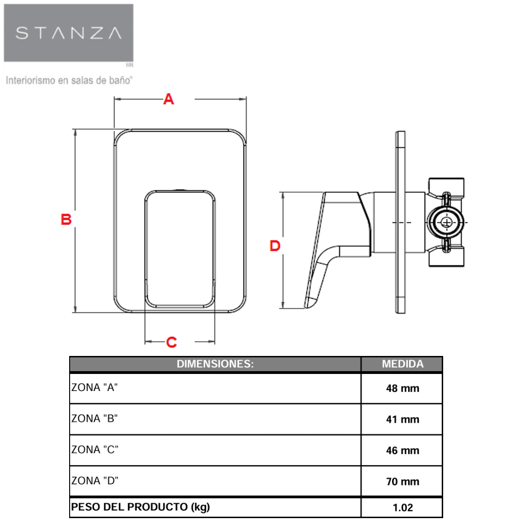 Monomando de empotrar sencillo para Regadera FONTE® acabado Cromo STANZA 31.3154.21 -DISPONIBLE-
