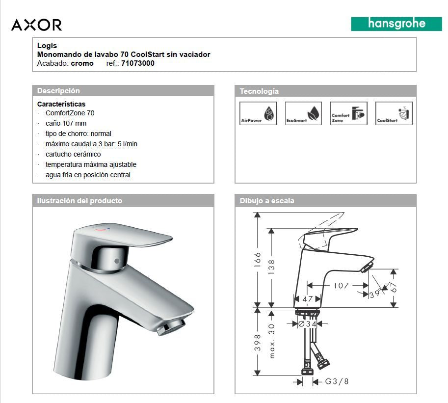 Monomando de Lavabo CoolStart Logis 70 Hansgrohe 71073000 -St