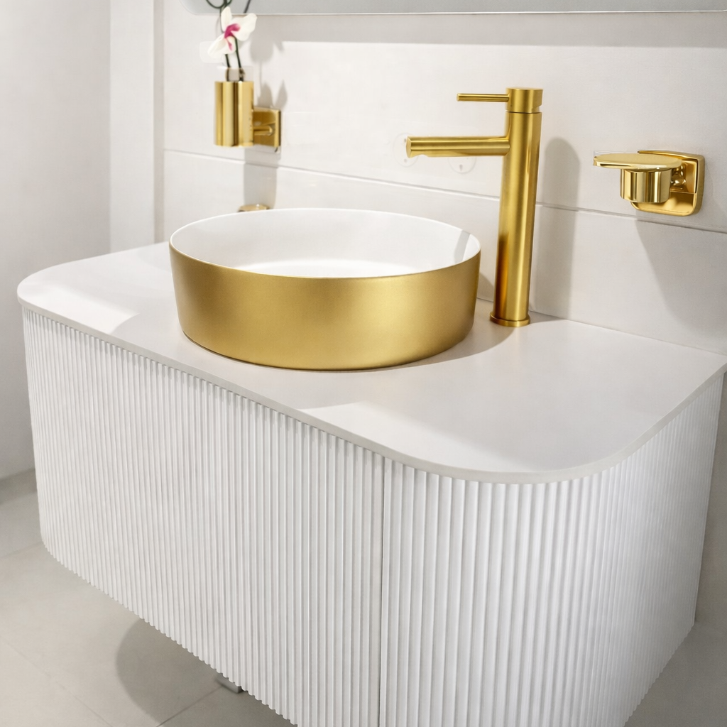 RIN ORO - Lavabo de sobre encimera en Solid Sourface Diámetro 39x10.8 cm. Incluye Contra. Producto Español ¡DISPONIBLE PARA ENTREGA INMEDIATA!