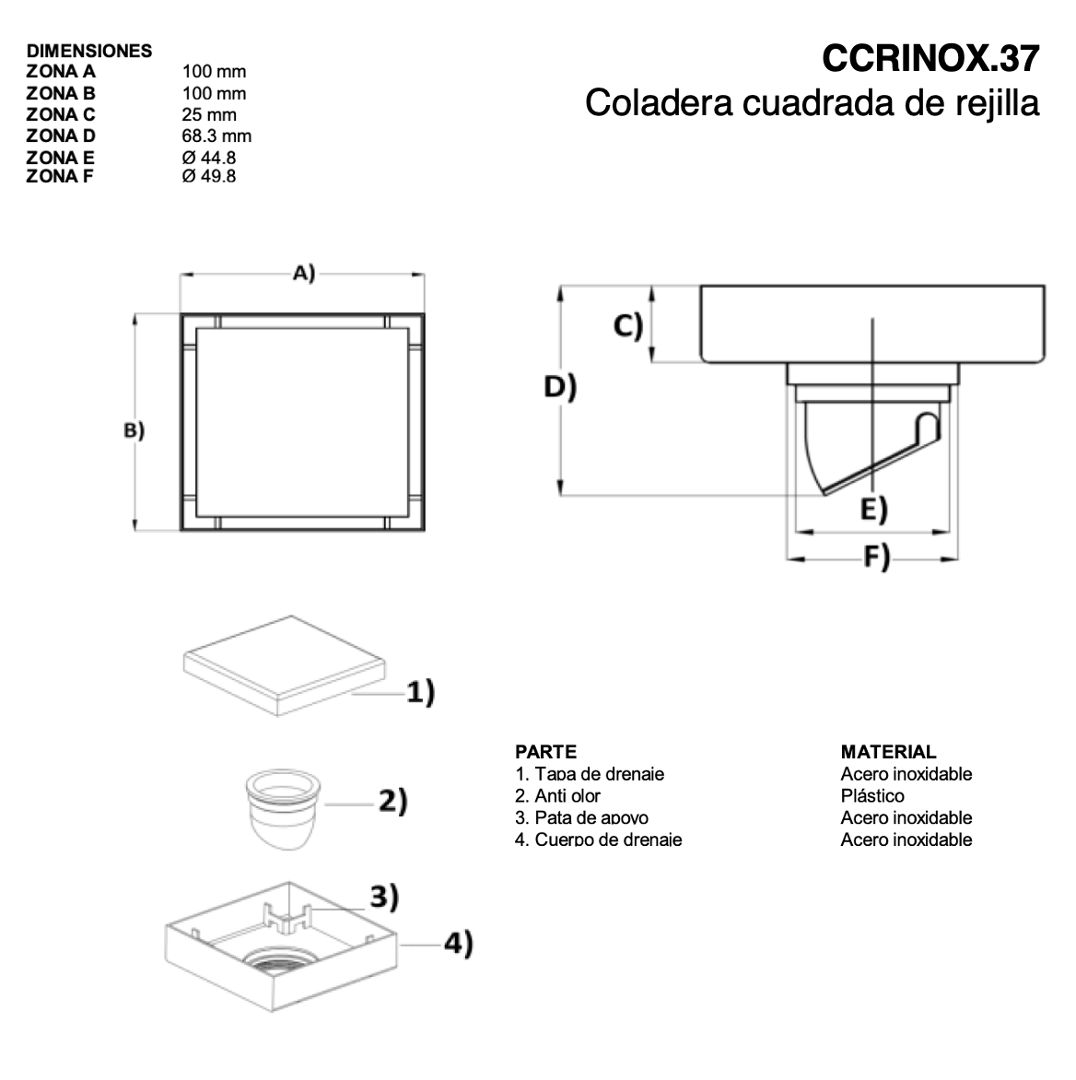 Coladera Cuadrada doble Vista Negra Urrea CCRINOX.37