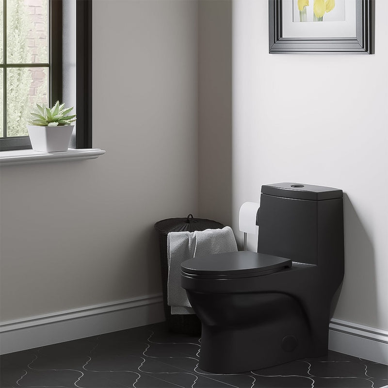 WC One Piece Negro Mate Ahorrador de Agua Trampa Oculta y Asiento Cierre Lento Reforzado Wasser