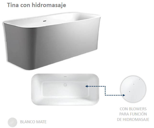Tina freestanding con hidromasaje rectangular (21TFH.3) Color blanco mate, acrílico, capacidad 310L.