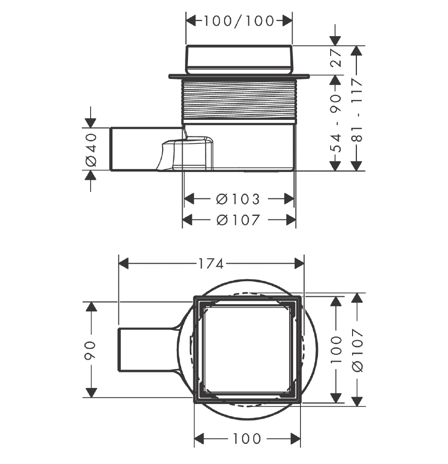 RainDrain Point Desagüe de punto 100/100 Rejilla Trasera Enlosable Negro Mate Hansgrohe 56247670 Essentials
