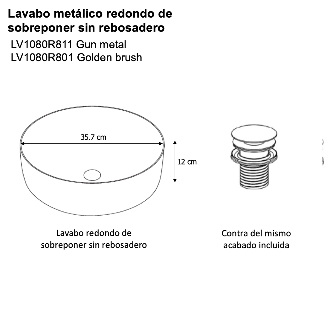 Lavabo INOX Redondo de Sobreponer acabado Dorado Diámetro 35.7x12 cm Urrea LV1080R801