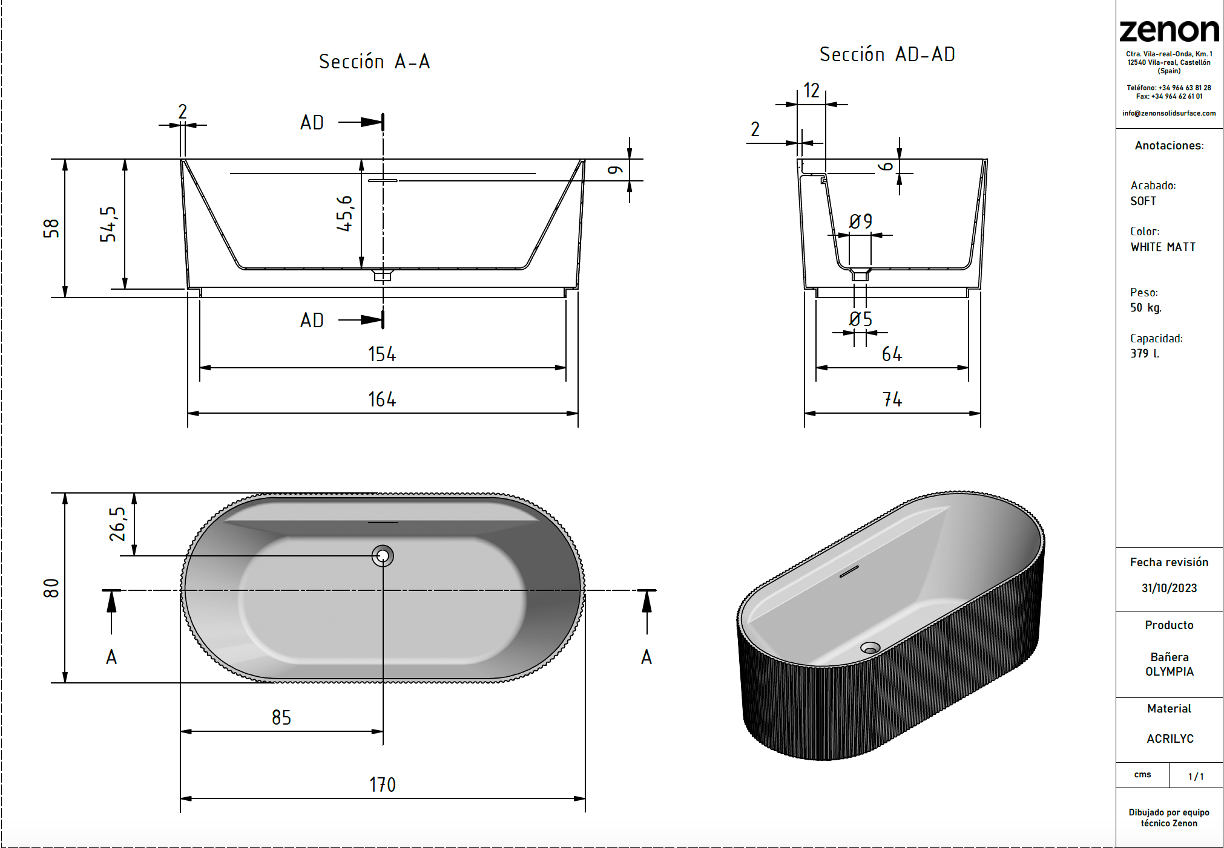 OLYMPIA - Tina freestanding ovalada acrílico Blanco Mate 170x80x58 cm. Producto Español ¡DISPONIBLE PARA ENTREGA INMEDIATA!