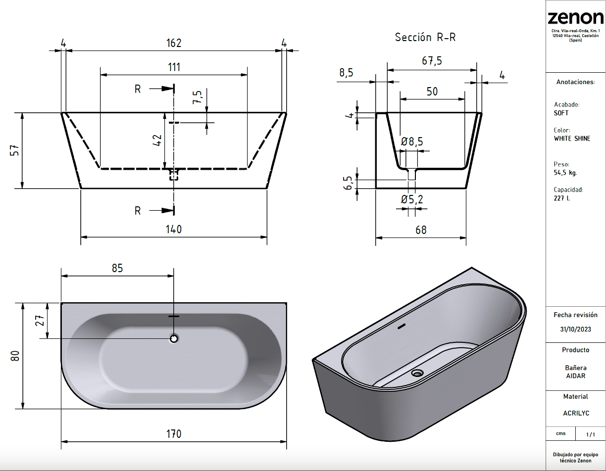 AIDAR - Tina Freestanding Ovalada a Pared en Acrílico 170x80x57 cm -Acabado Mate o Brillante- Producto Español ¡DISPONIBLE PARA ENTREGA INMEDIATA!