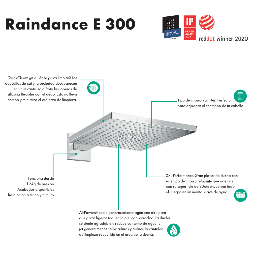 Raindance E Ducha Fija 300 1jet con Brazo 30x30 cm Cromo Negro Cepillado Hansgrohe 26238340 Essentials
