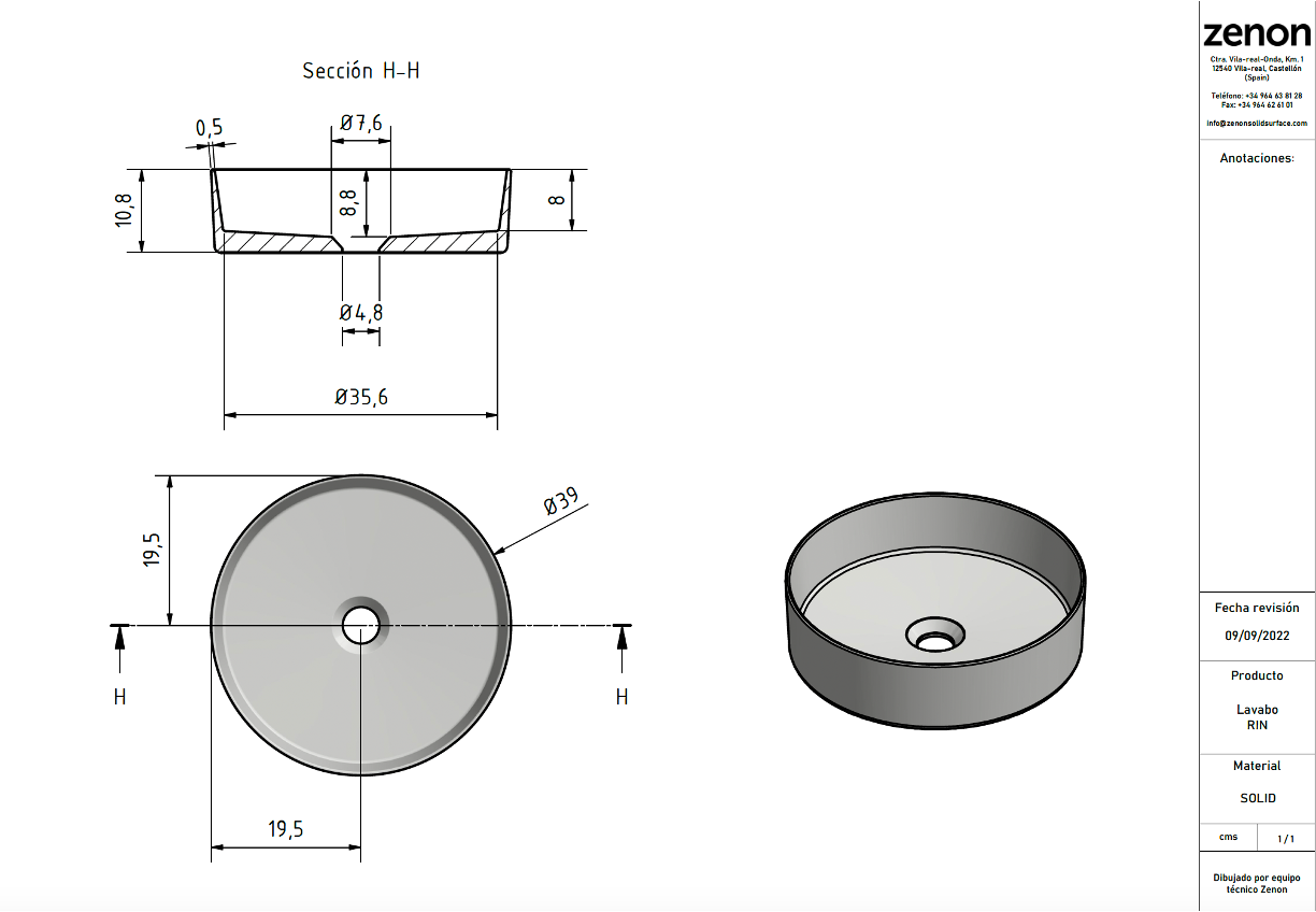 RIN PLATA - Lavabo de sobre encimera en Solid Sourface Diámetro 39x10.8 cm. Incluye Contra. Producto Español ¡DISPONIBLE PARA ENTREGA INMEDIATA!