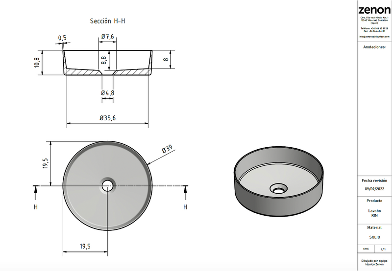 Lavabo fabricado en Solid Surface de sobre encimera Rin Plata diámetro 39 cm