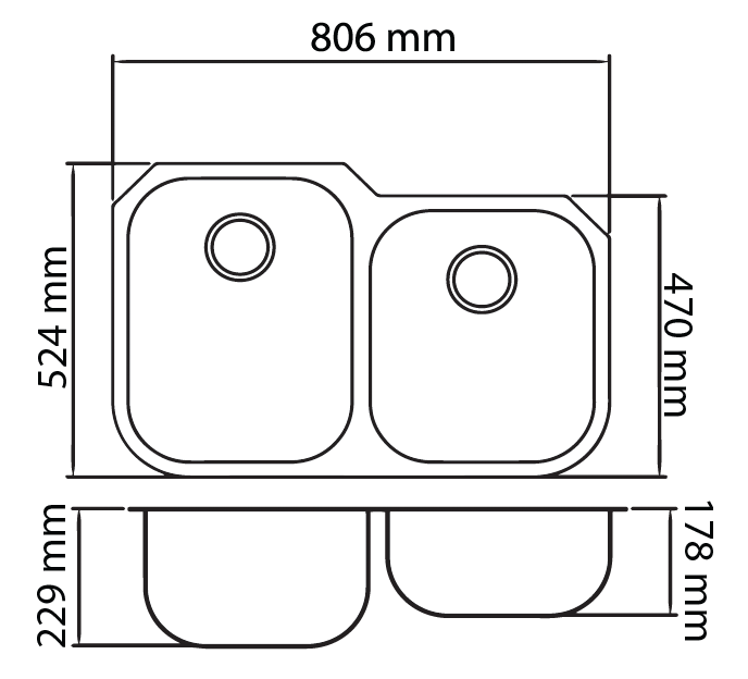 Tarja para Cocina Doble de Submontar acero inoxidable 80x52x28 cm
