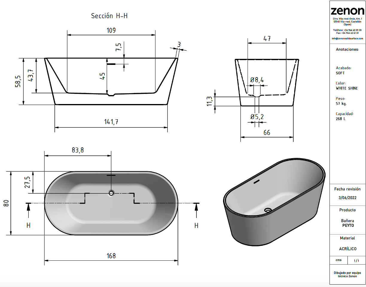 PEYTO - Tina freestanding ovalada en acrílico Blanco Brillo 168x80x58.5 cm. Producto Español ¡DISPONIBLE PARA ENTREGA INMEDIATA!