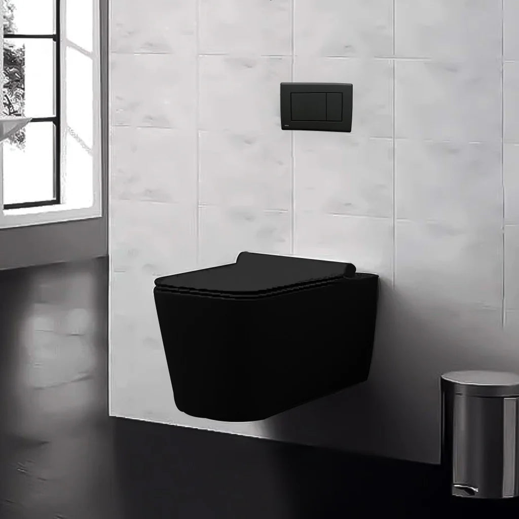 Paquete WC Suspendido Negro Mate Amsterdam con Tanque para Muro Sólido o Falso y Pulsador WC012N A101 M278