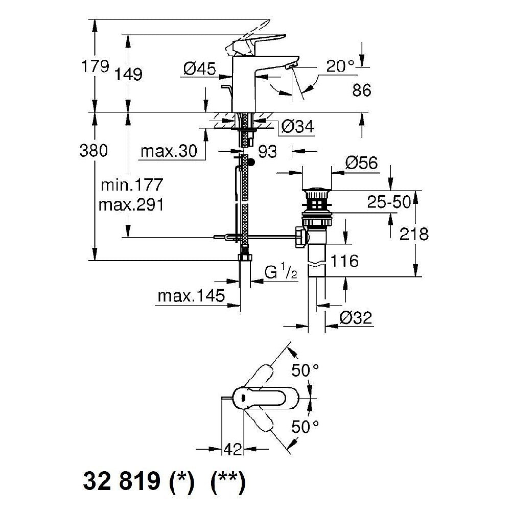 Monomando corto para lavabo Cromo BauEdge GROHE 32819000